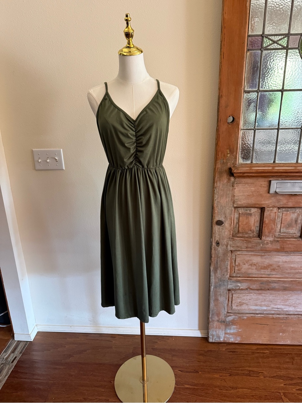 Sleeveless Olive Green Midi Dress with V-Neck and Ruched Front